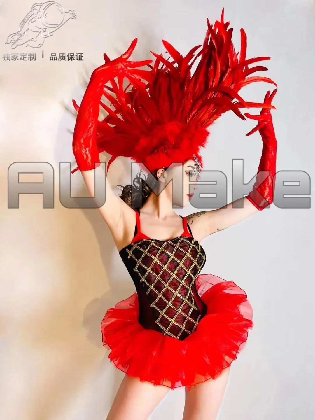 

Personalized Red Feather Headwear+One-piece Dress Bar Moulin Rouge Grand DS Female Singer Stage Wear Gogo Performance Costume