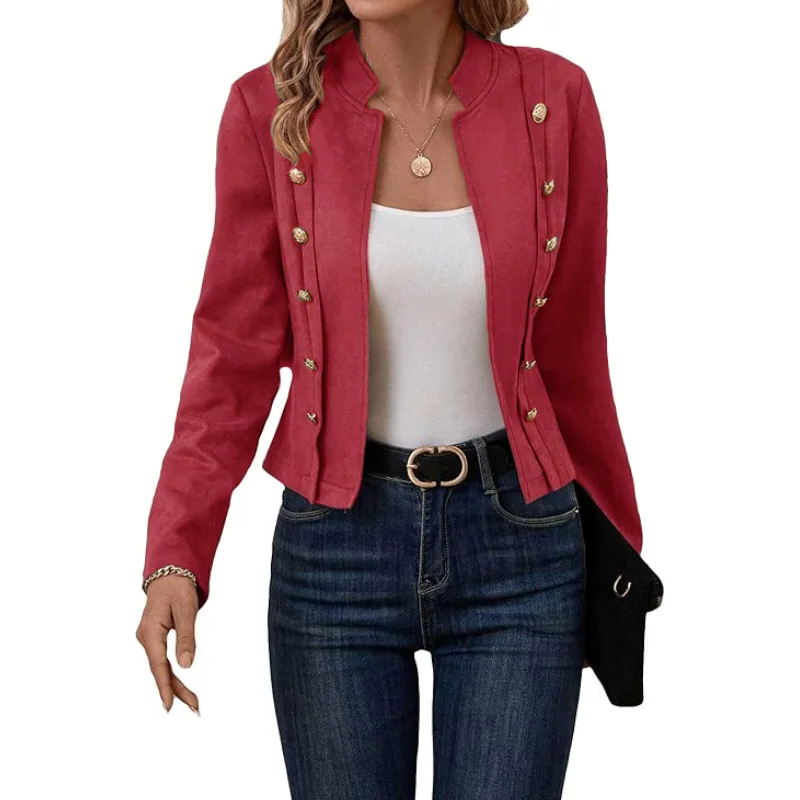 

new model Women's round Neck Open Stitch Jacket Long Sleeve Button Embellished Office Outerwear Ladies Fashion