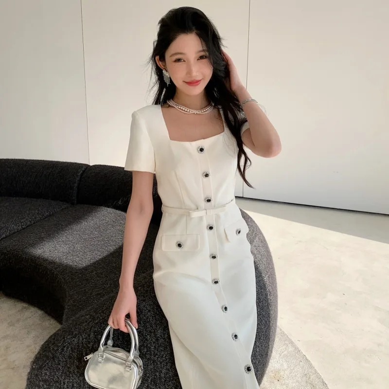 

Slimming Dress with Retro Style, Sexy and Generous Neckline, Beige High Waisted Evening Dress, New French Style for Early Spring