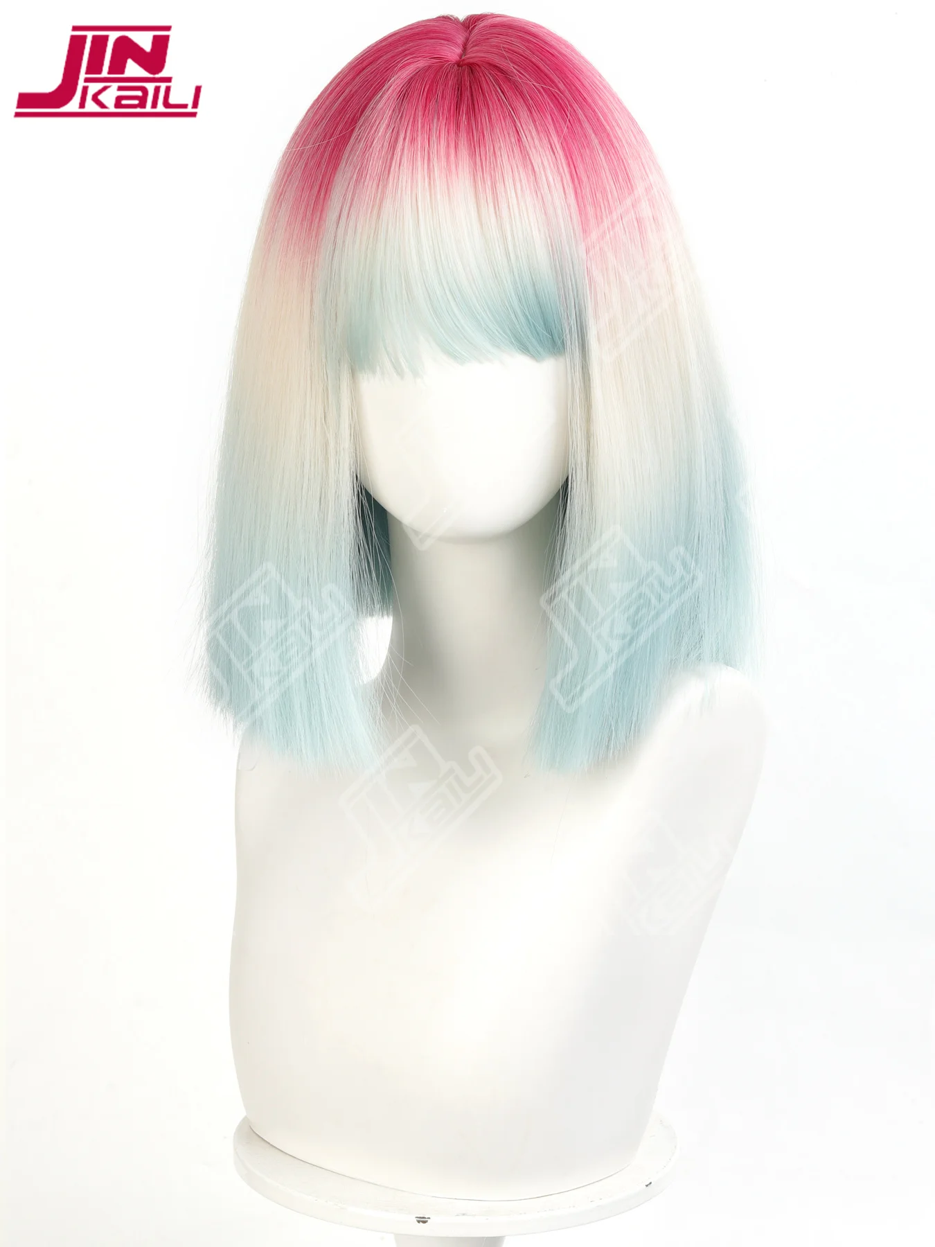 JKL Pink gradient blue Short Straight Hair Wig for Women with Bangs Gradient Highlights Lolita Bob Wigs Synthetic Wig Pastel