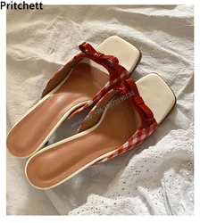 Retro Plaid Bow Sandały Kitten Heels White Red French Style Peep Toe Shoes Mixed Color Sweet and Cute Women's Vocation Shoes