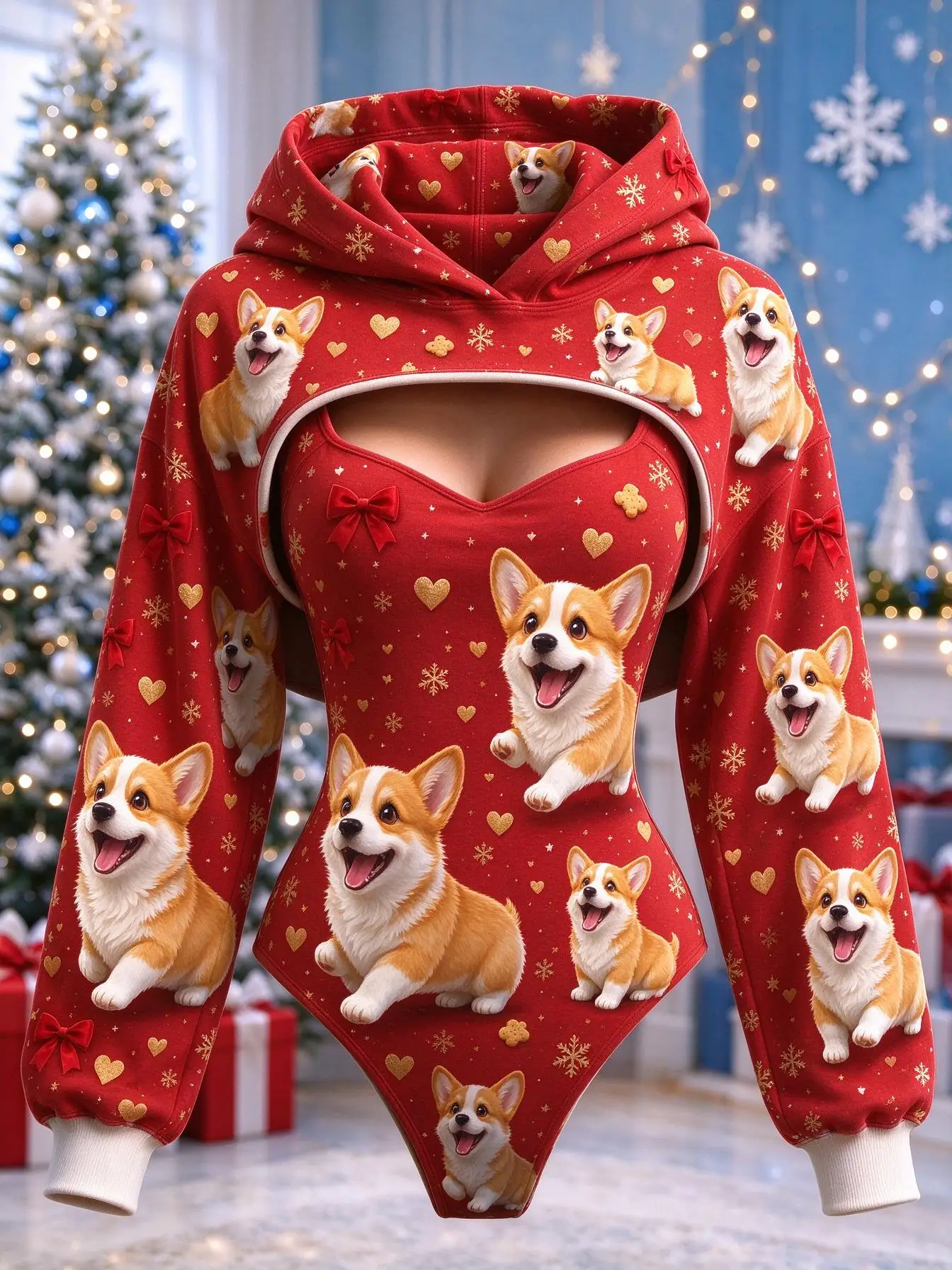 Women 2Pcs Purple Cute Red Panda Heart Snowflake Print Bodysuit + Hooded Shrug Christmas Costume
