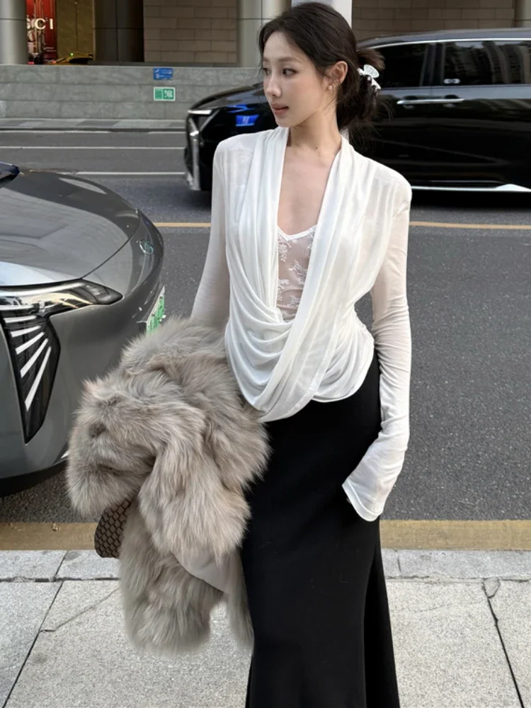 Camisetas Vintage de dos piezas estéticas Y2k para mujer, Tops sexys de retazos de encaje Harajuku, ropa de calle 2021, camisetas plisadas Grunge