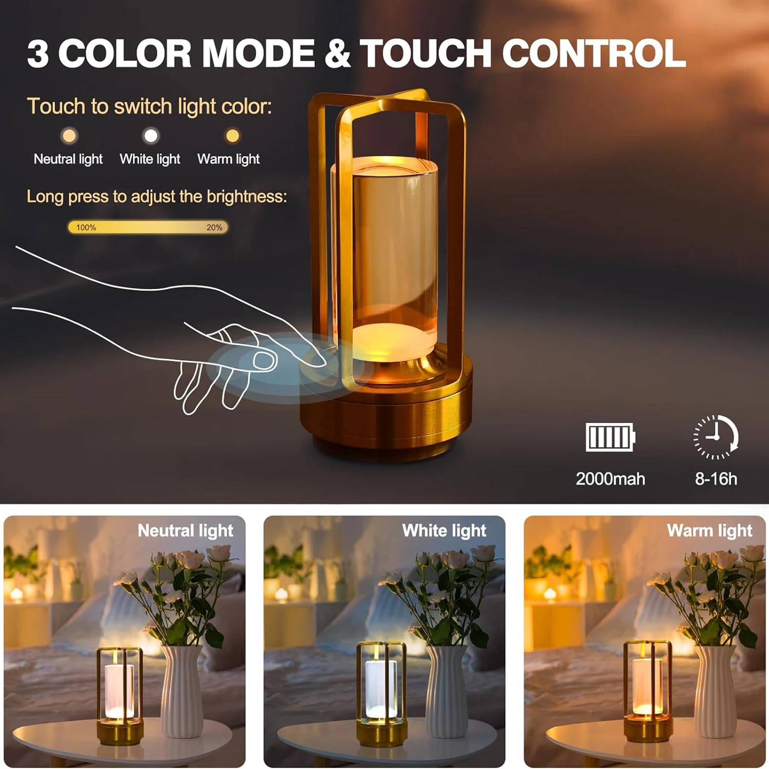 Simple Touch Sensor LED Table Lamp Rechargeable Desk Lamp 3Colors Adjustable Bedside Creative Ambient Light Bar Room Decor Light