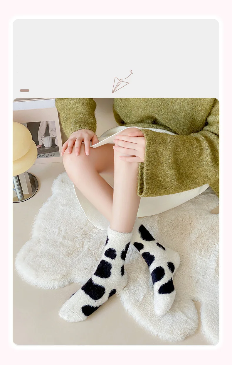 3/6 Paar Winter-Socken für Damen, niedliche Cartoon-Kuh-Socken aus Nerzvelours, weiche, mittelhohe Socken, flauschige, thermische, weiche Dinosaurier-Socken – Detail 13