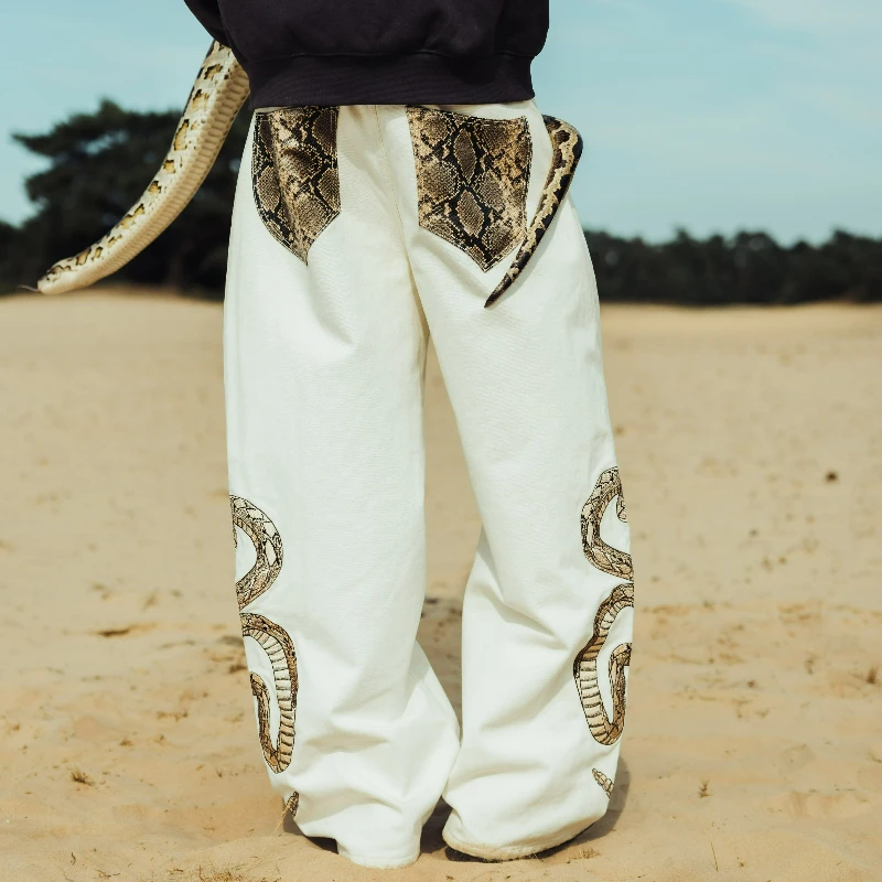 Y2K White Baggy Jeans Red Tongue Snake Embroidery Wide Leg Denim Pants Harajuku Hip Hop Unisex Streetwear Trousers