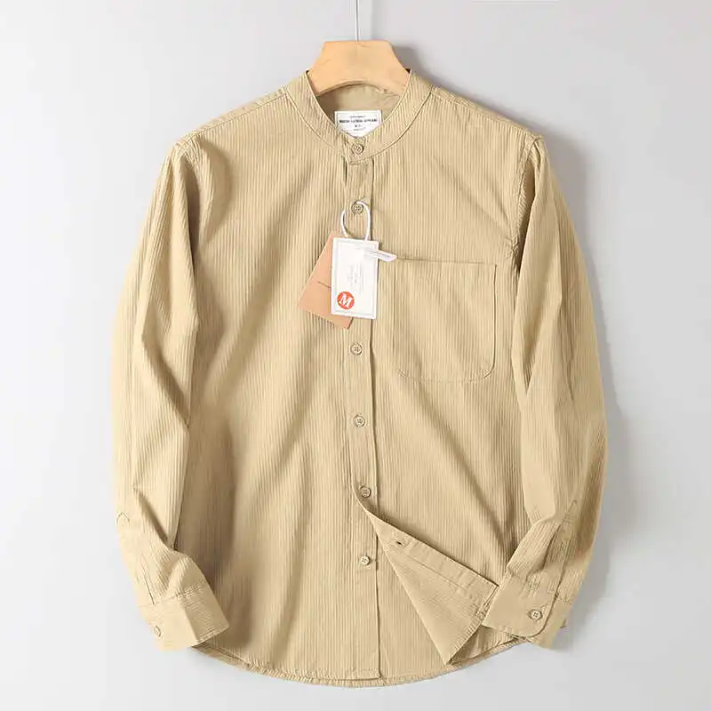 

Мужская повседневная свободная длинная рубашка из чистого хлопка с воротником-стойкой в полоску, осенний сезон, дышащая, удобная посадка