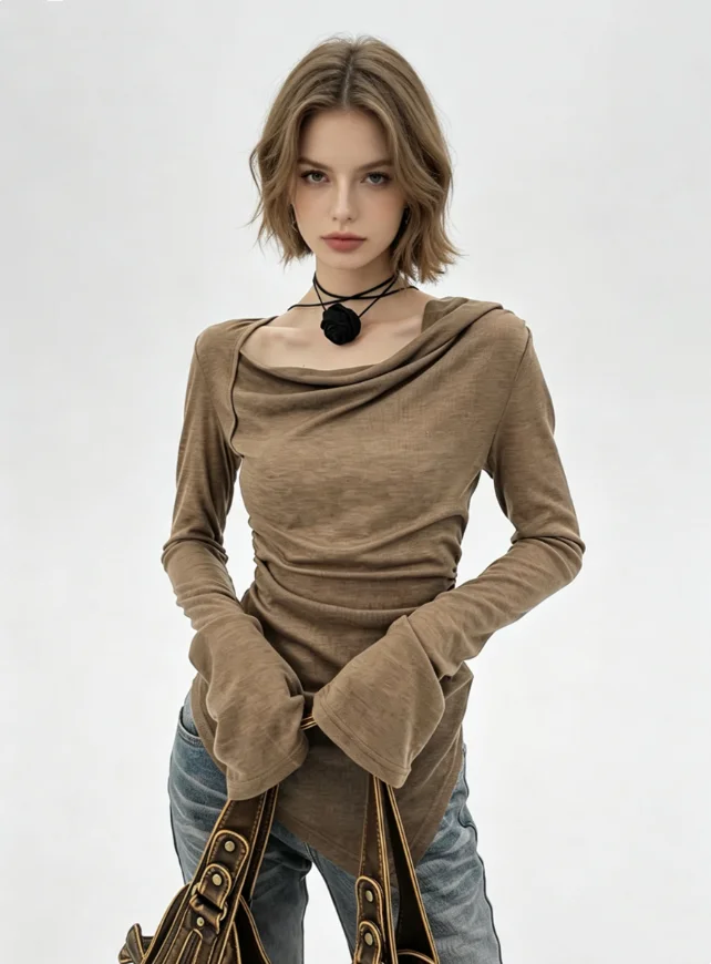 Women's Brown Y2K Gyaru T Shirt Vintage Slim Tee Top Long Sleeve Off Shoulder Thin Base T-Shirt for Women Clothes Spring 2026