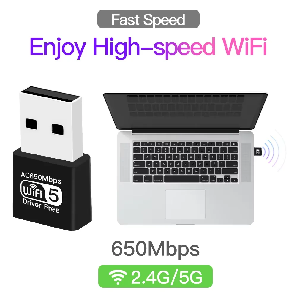 Dual Band WiFi Adapter AC650 High Gain Dual Antenna Wireless Network USB Adapter for PC Laptop Driver Free for Windows 7 10 11