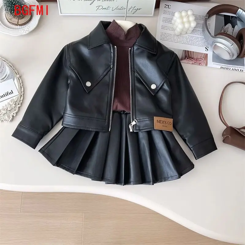 Spring Autumn Girl's Leather Jacket Set - Korean Style Trendy Biker Outfit for Kids, 2pcs with Leather Jacket and Pleated Skirt