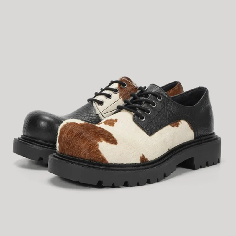 

Fashionable Cow Print Milk Shoes for Women with Lace-up Chunky Heel Thick Sole Soft Leather Single Shoes Casual Sneakers