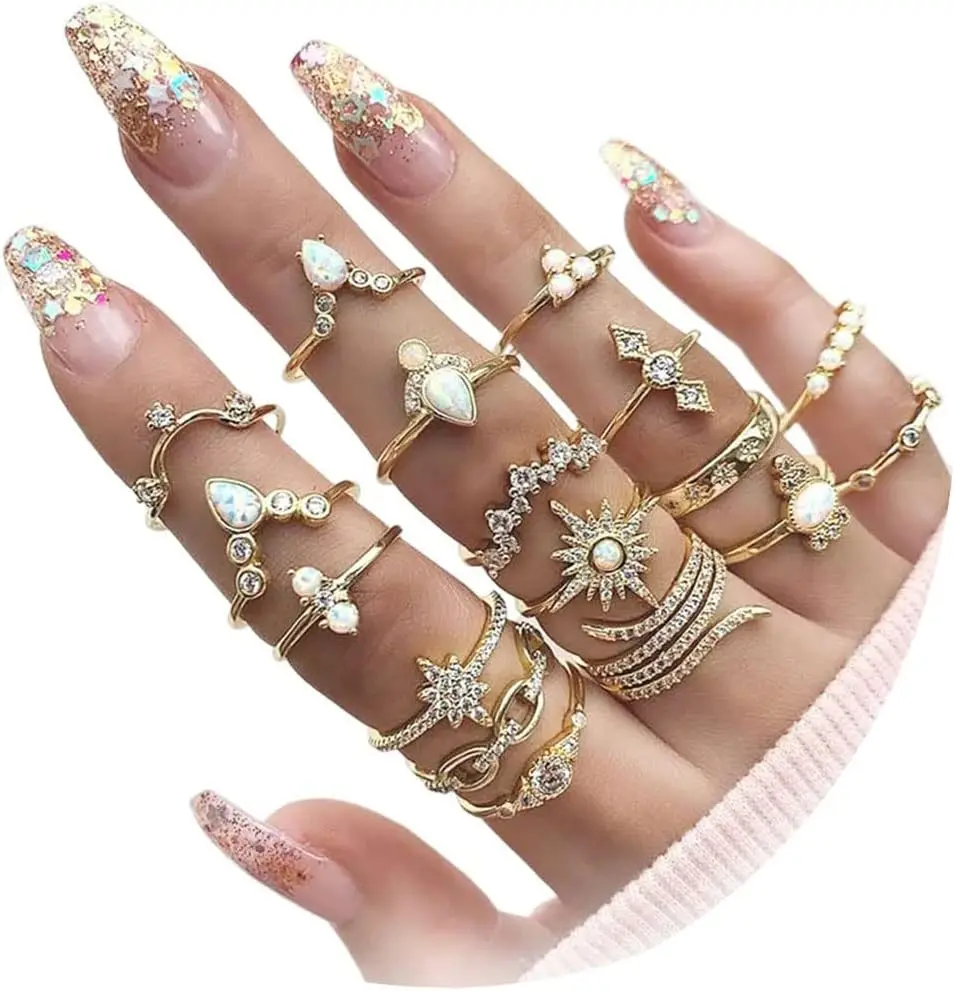 

Золотые штабелируемые кольца для женщин и девушек, подарки, простые кольца-звезды, луны, сердца, набор колец на фаланги пальцев, милые украшения в стиле бохо, набор золотых колец