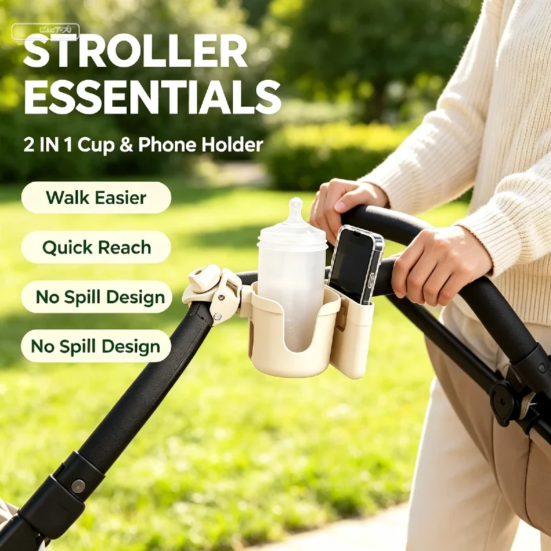 2-in-1 Stroller Cup & Phone Holder Universal Bottle Bracket Holder for Stroller Wheelchair Bike Accessories Stroller Accessories