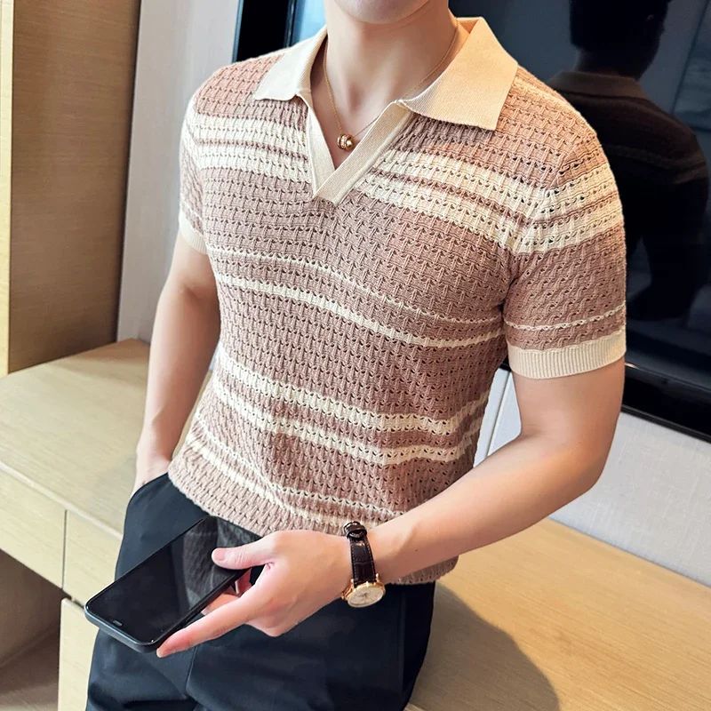 Men Knitted Polo Shirt 2024 Summer New Thin Striped Jacquard Patchwork Color Short Sleeved Casual V-neck T-shirt Men Clothing