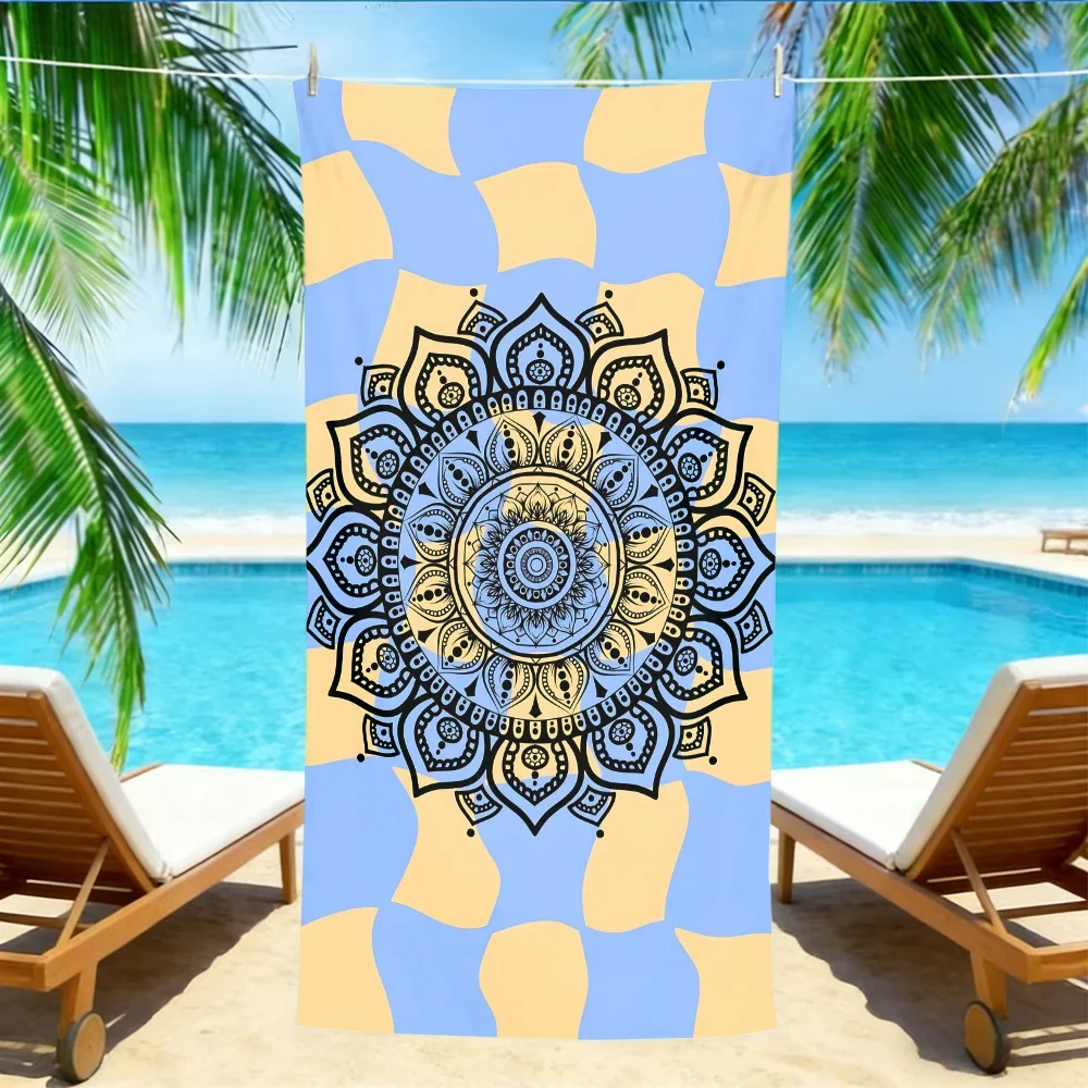 Bohemian Mandala Beach Towel – Oversized Quick Dry Sand Free with Blue Yellow Geometric Print for Yoga, Beach & Pool Days