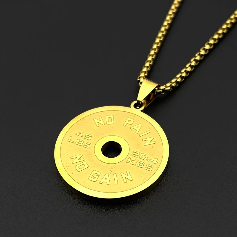 Vintage Punk Barbell Plates 45 LB Dumbbell Pendant Necklace for Women Men Stainless Steel Gold Color Fitness Gym Sports Jewelry