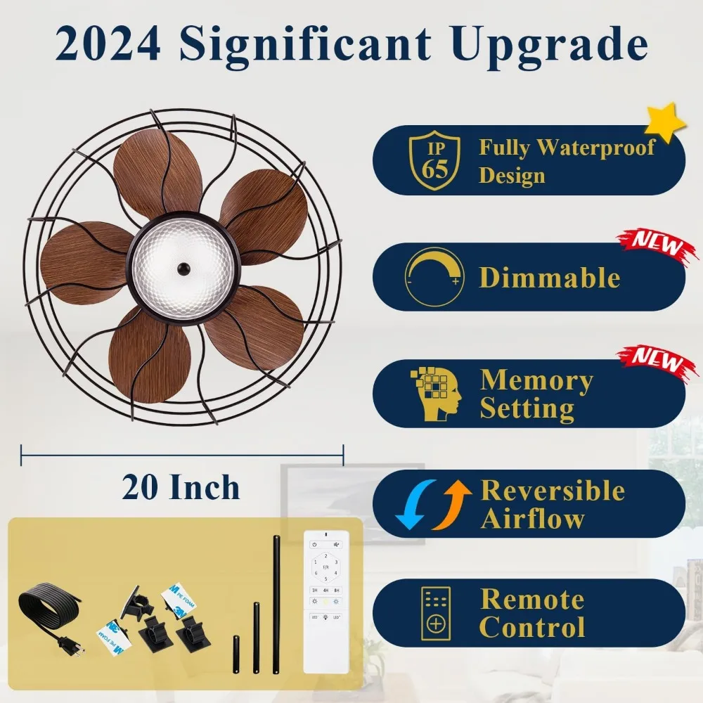 Наружные потолочные вентиляторы со встроенной подсветкой, обновленный вентилятор для беседки IP65, подключаемый и водонепроницаемый для патио, беседки, пульта дистанционного управления, подвешивания