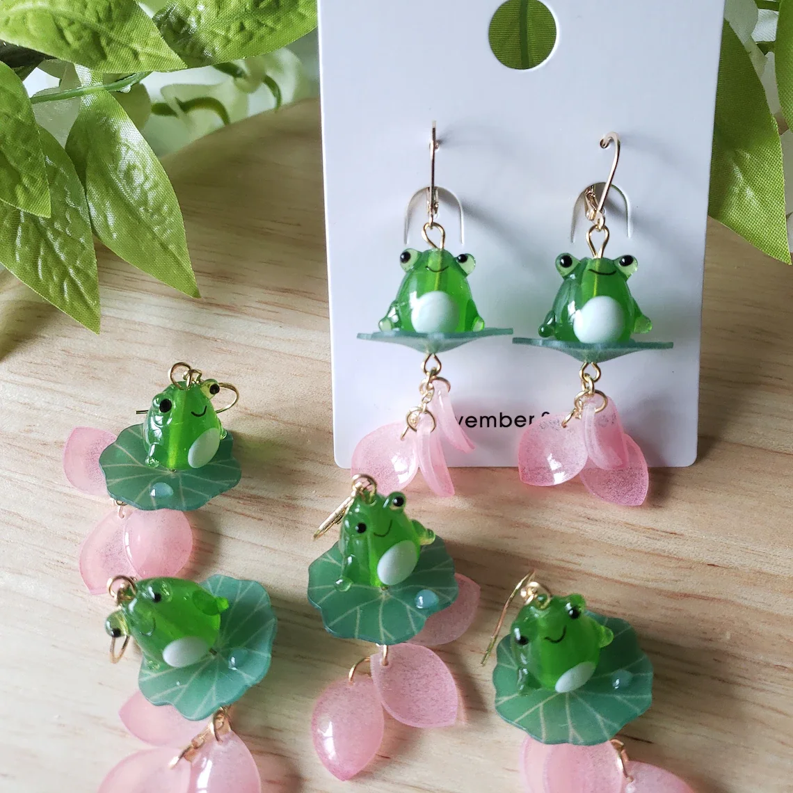 Frog on lily pad earrings, Frog and floral petals Lovely drop earrings