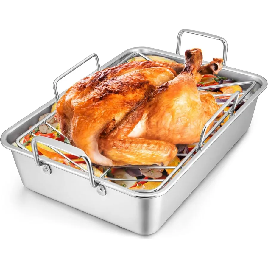 

16 Inch Roasting Pan for Large Turkey Cooking with VShaped Rack and Baking Rack Heavy Duty Stainless Steel Deep Broiling Lasagn
