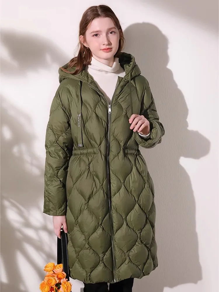 112-120cm Bust Autumn Winter Women Army Green Hooded Puffy Coat Warm 90% White Duck Down Coats