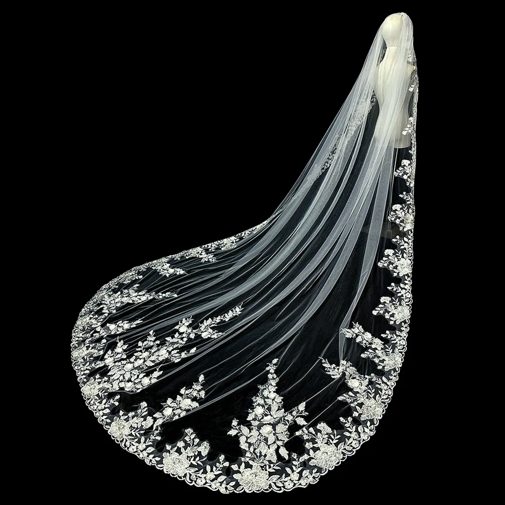 Stunning Wedding Veils 3.5*3m with Comb Long Wedding Veil Bridal Veils Tulle with Floral Applique