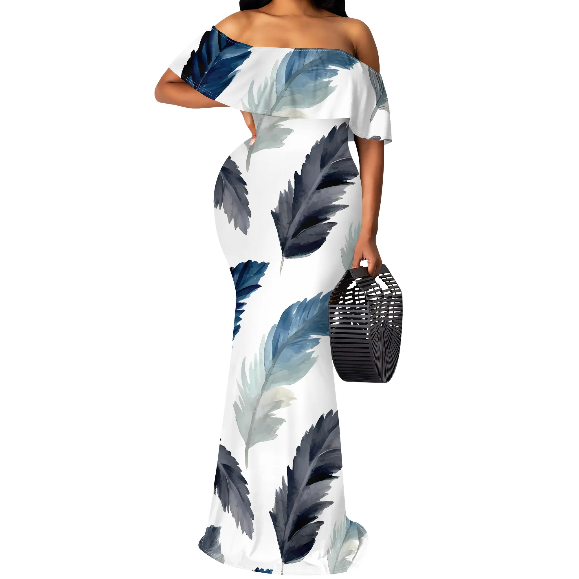 Abito lungo con stampa di piume e spalle scoperte taglie forti Abito da festa aderente elegante per le vacanze estive