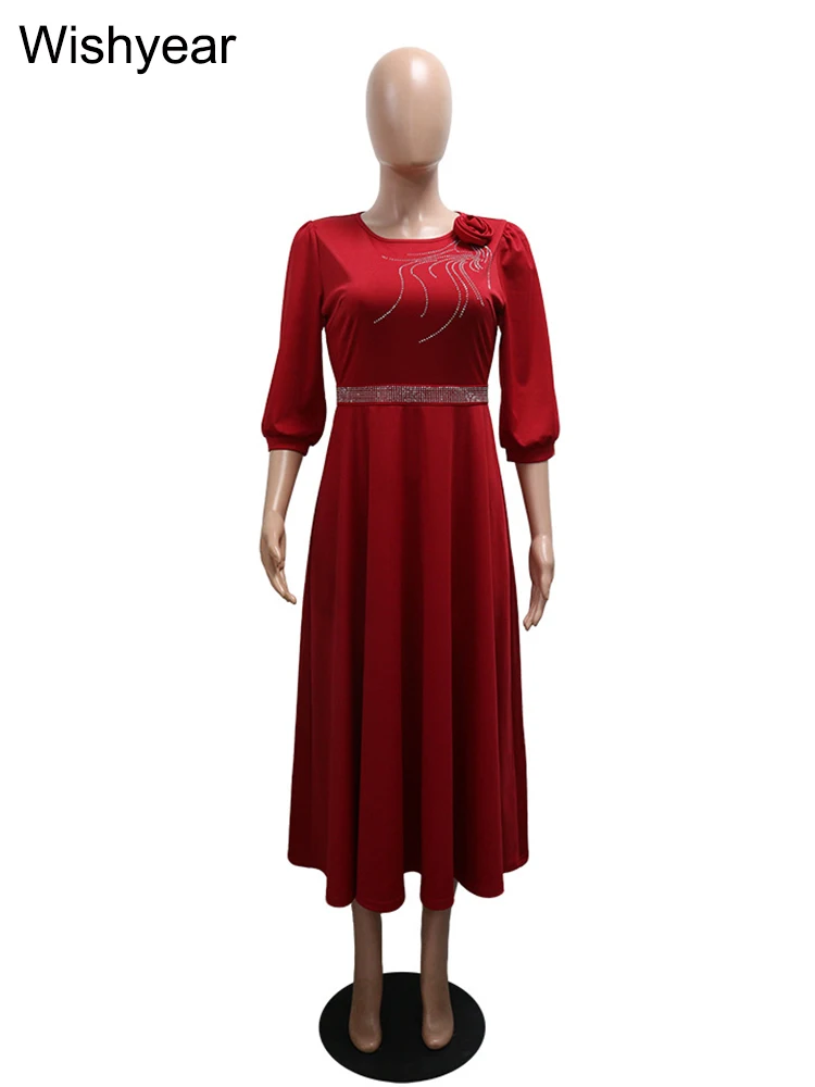 New Elegant Red 3/4 Sleeve O-neck A-line mid Dress for Women with 3D Flower African Rhinestones Office Lady Casual Autumn Robe