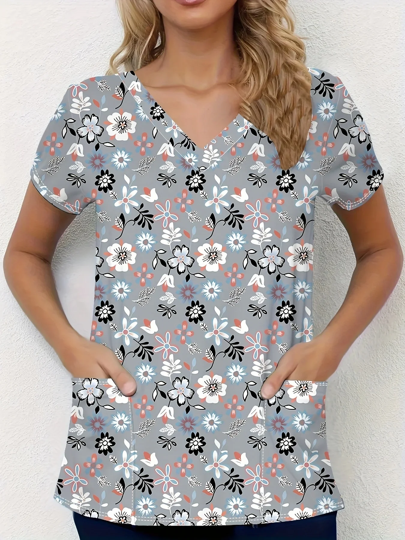 Floral Print V-Neck Clinical Uniform Top for Women Stretchy Sanitary Dental Short Sleeve Medico Nurse Uniform Wholesale