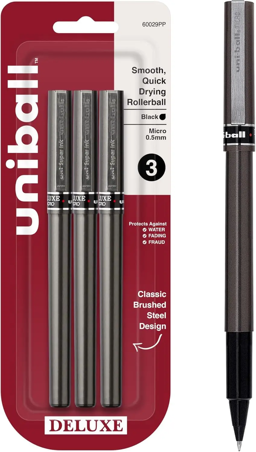 

Micro Point Rollerball Pens, 0.5 mm, Black Ink, Pack of 3, Fade & Water Resistant