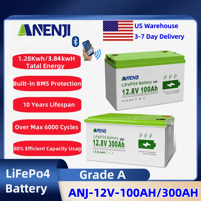 Batería ANENJI LiFePO4 de 300 Ah y 12.8 V, 100 Ah, con más de 6000 ciclos de ciclo profundo, BMS, batería de fosfato de hierro y litio, paquete de baterías de litio para energía solar, para inversor de RV y panel solar.