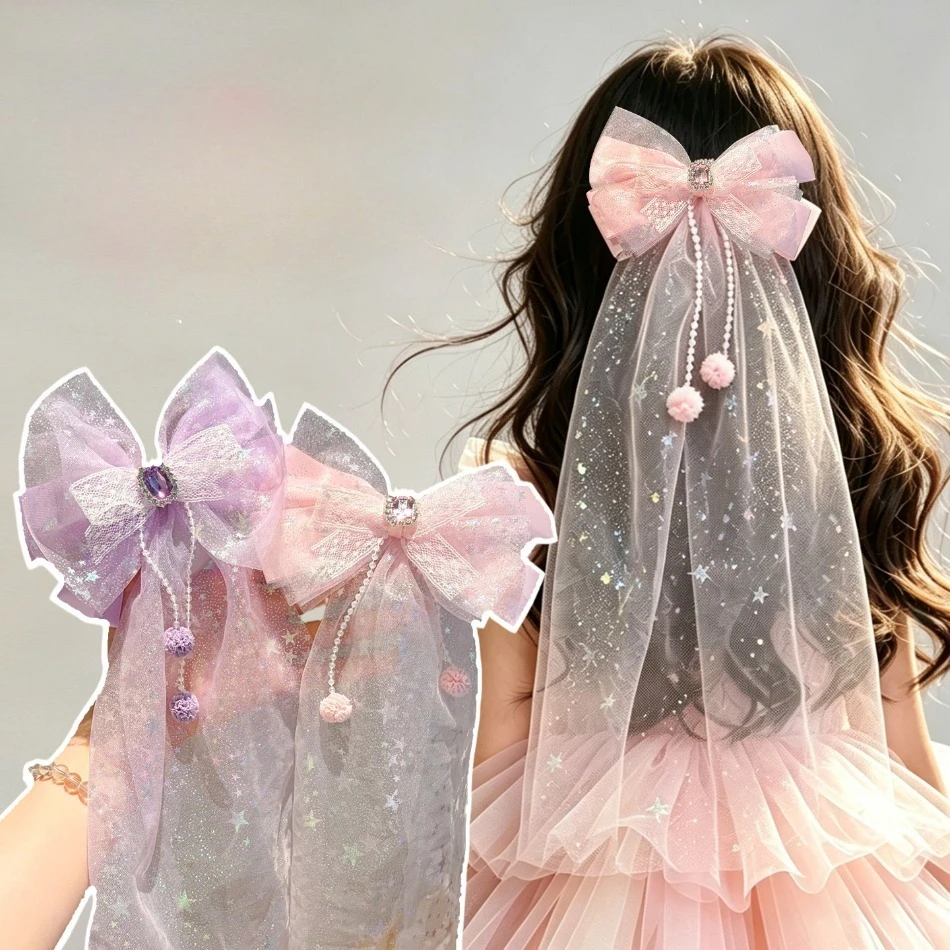 

2PCS Girl Pink Veil Diamond Hairpin Princess Headdress Head Flower Children Hair Accessories Girls Bow Hairpin Headdress ZX07