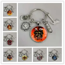 New firefighter logo glass dome keychain fire pattern key ring fire tool decoration jewelry gift