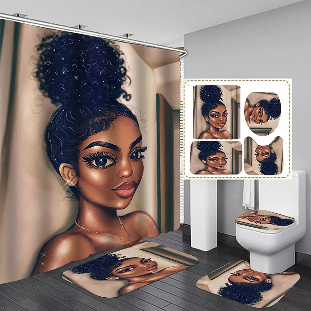 

African American Black Girl Polyester Shower Curtain with Hook Bathroom Bath Mat Non-Slip Rug Toilet Cover Set Modern Home Decor
