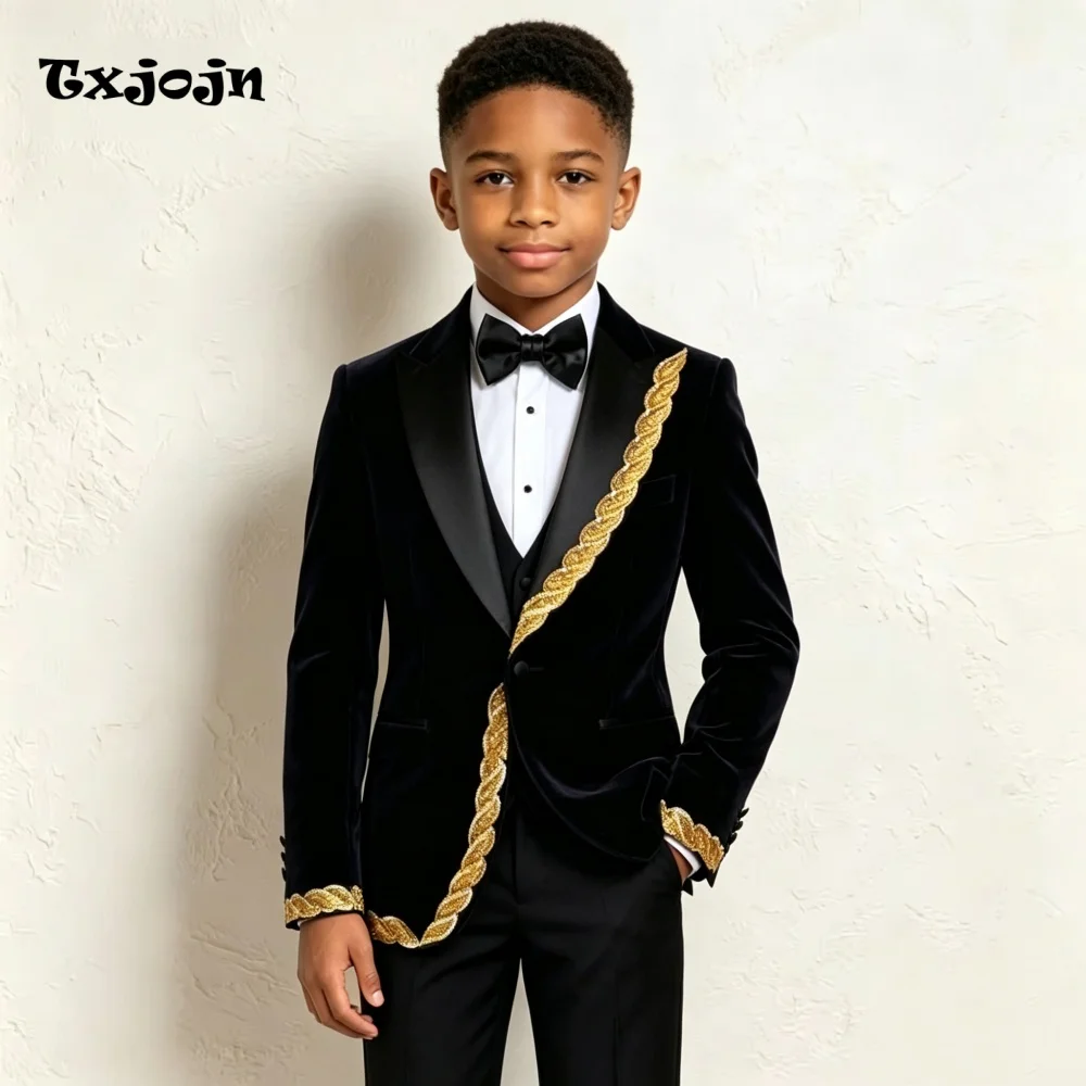 Formal Suit for Boys Embellished Homecoming Tuxedo 3 Piece Classic Velvet Jacket Pants Vest Kids Blazer Set Tailored Outfit