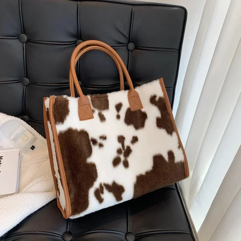 

Women's Cow Print Designer Shopper Totes Soft Plush Female Shoulder Bags Winter Large Capacity fashion ladies Handbags