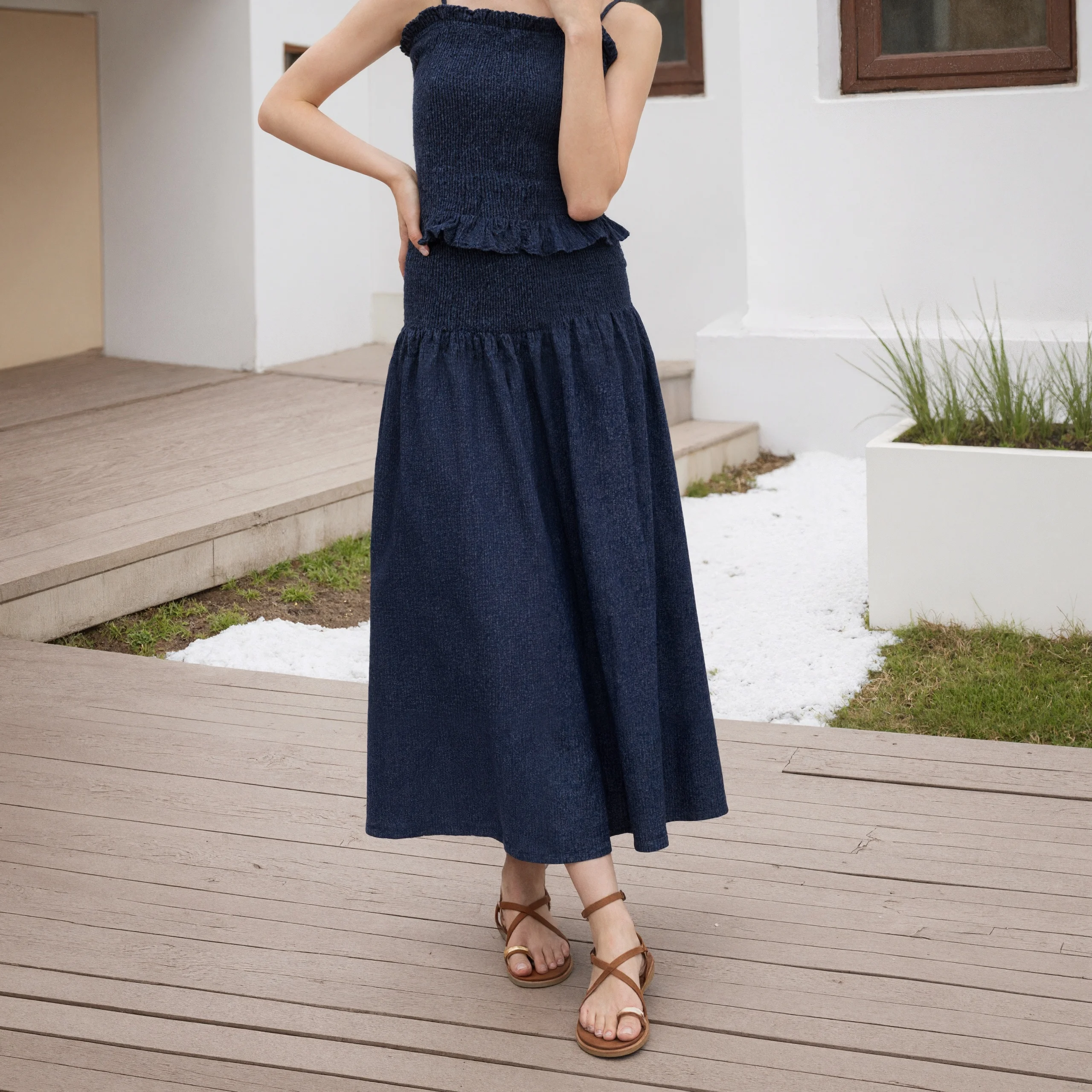 المرأة تقليد الدنيم ماكسي تنورة عالية الخصر Shirred Lmitation الدنيم ألف خط التنانير الطويلة عادية الصيف الربيع جان قيعان