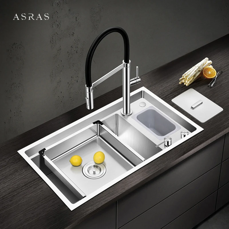 

ASRAS SUS 304 Stainless Steel Kitchen Sink 4mm Thickness Handmade Brushed 4 Hole Single Large Size With Trash Can Kitchen Sinks