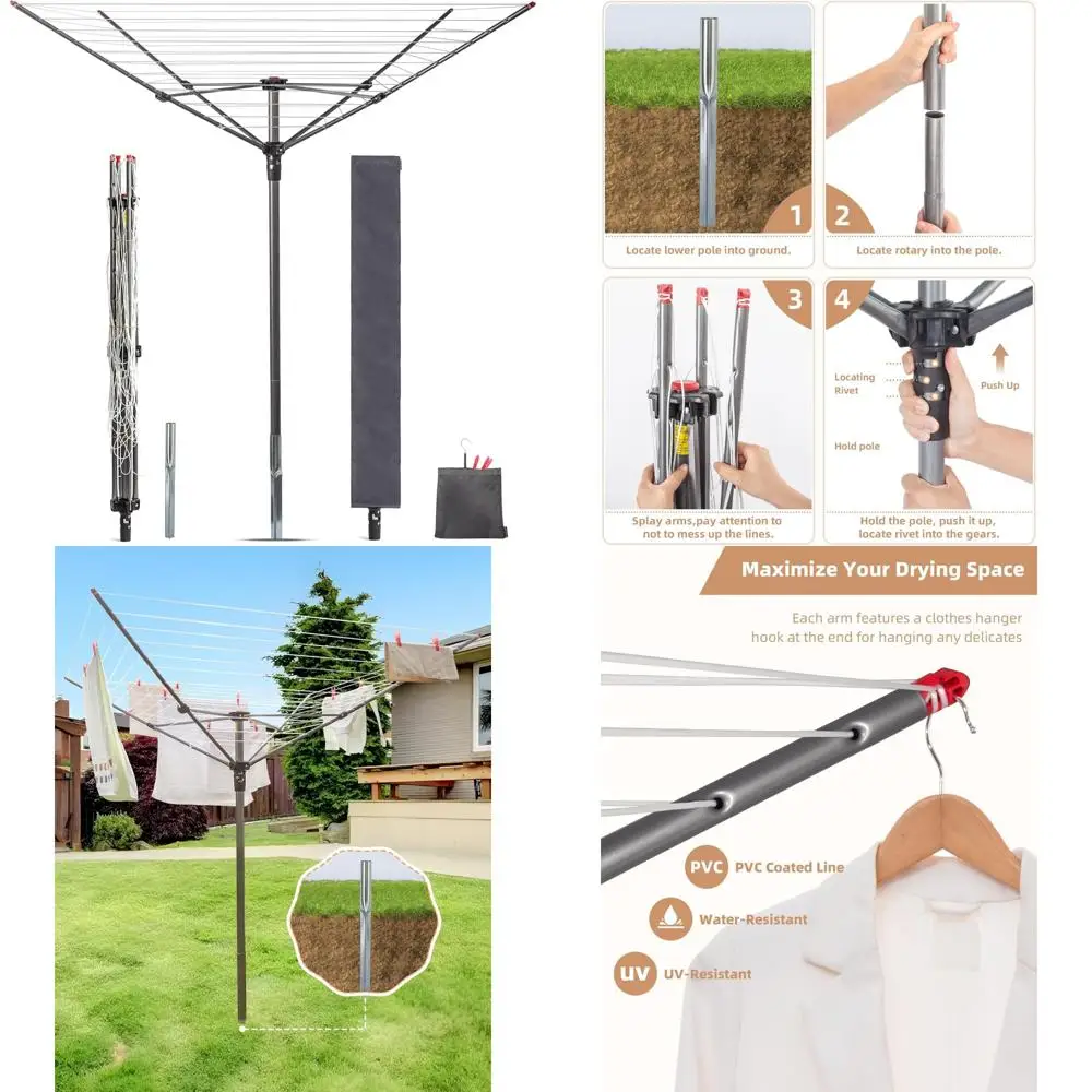 

Outdoor Umbrella Drying Rack, 12-Line, 164 Feet Space, Adjustable Steel Frame, 4-Arm Umbrella Stand for Outdoor Use