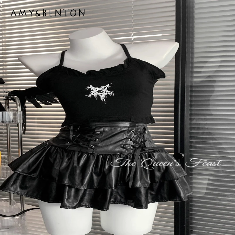 

Punk Dark Culture Hot Girl Sexy Sleeveless Women's Sling Vest 2025 Autumn New Sweet Cool Patent Skin Cake Skirts Sets Ladies