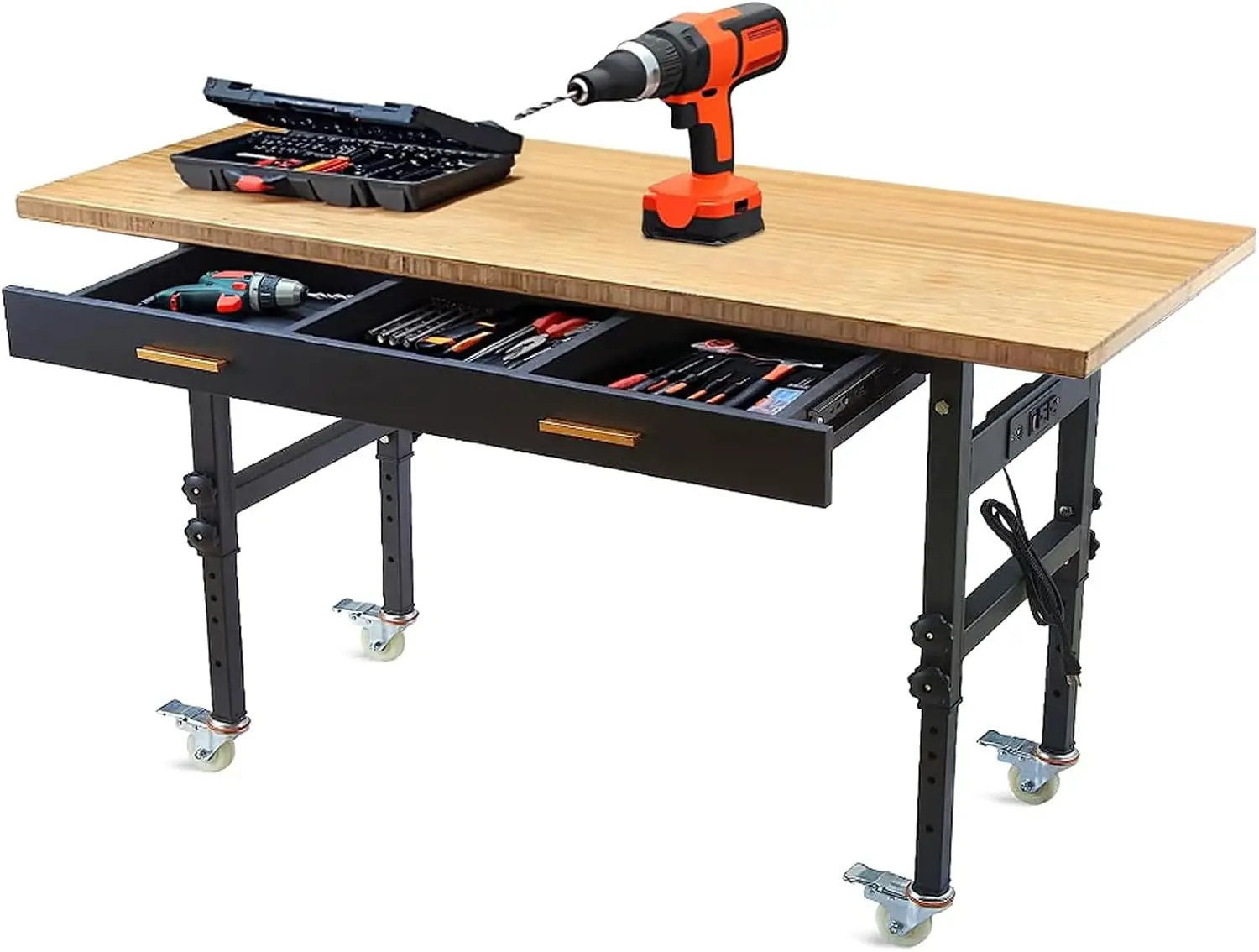 Work Bench, 60” Adjustable Workbench, Heavy Duty Bamboo Workbench Garage Work Table, 2700 LBS Load Garage Work Bench with Drawer