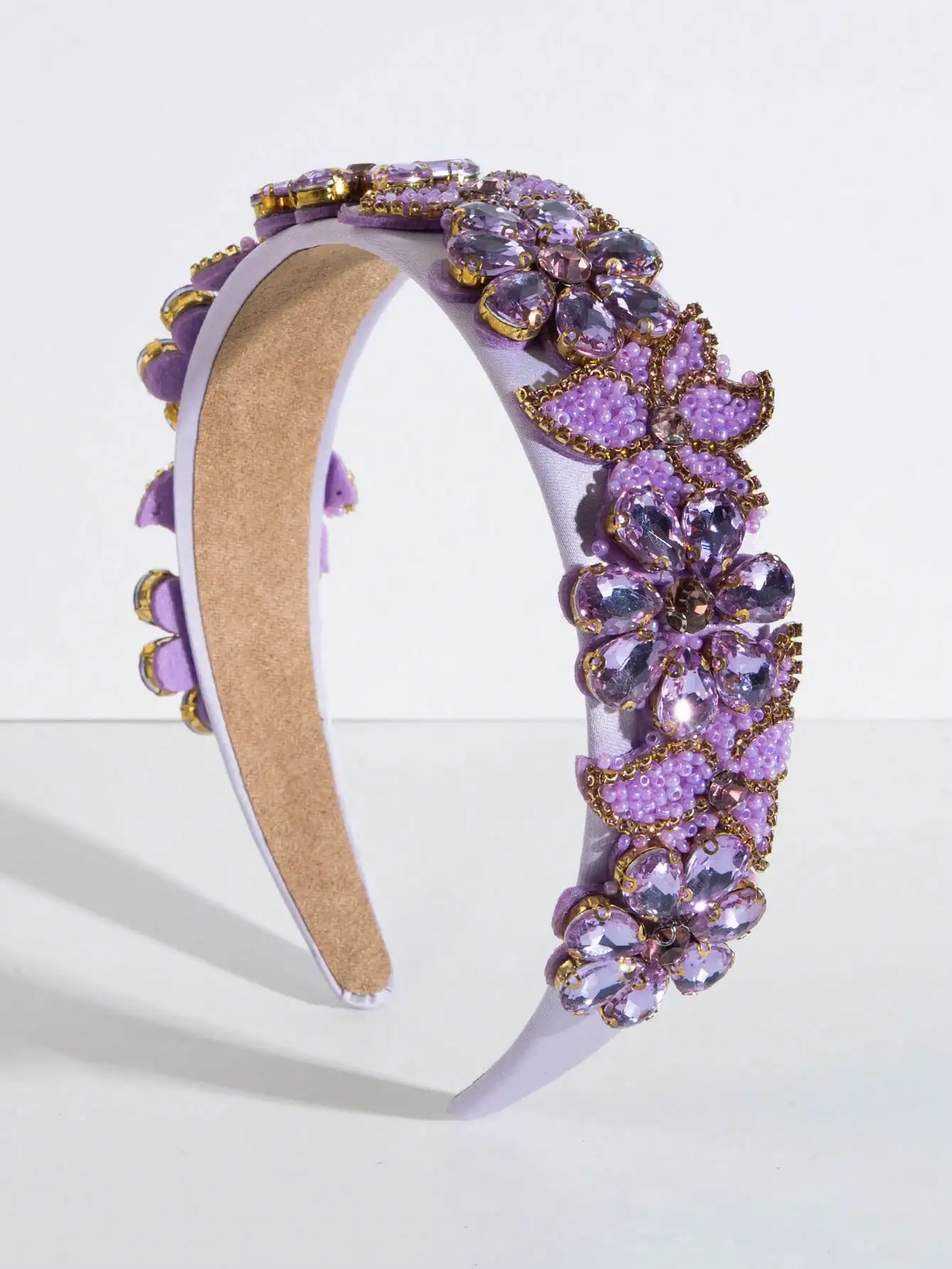 

Lavender Fabric Headband With Gemstone Flower Embellishment Vintage Baroque Style Hair Accessory