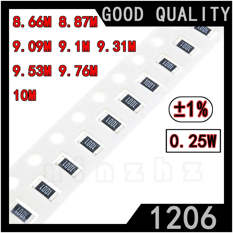 

100PCS SMD 1206 Chip Resistor 1% High Precision Chip 0.25W Fixed Resistance 8.66MΩ 8.87M 9.09M 9.1M 9.31M 9.53M 9.76M 10M ohm