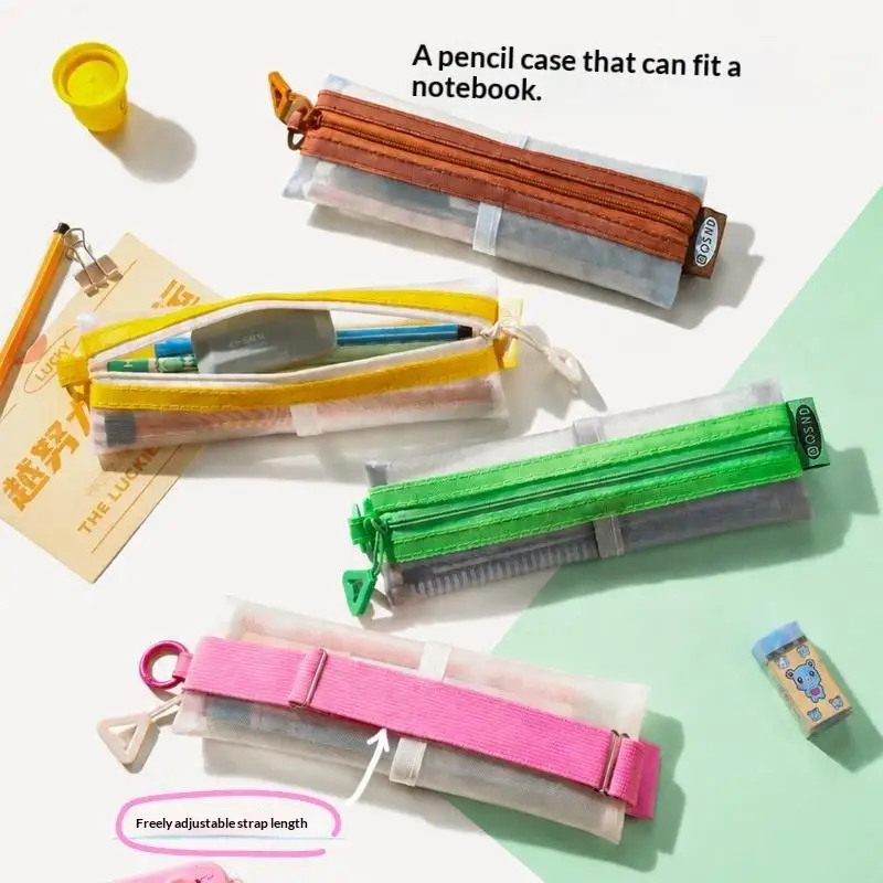 Transparent Mesh Pencil Pouch With Adjustable Binding Strap Dual Zippers For Students School Daily Stationery Organization