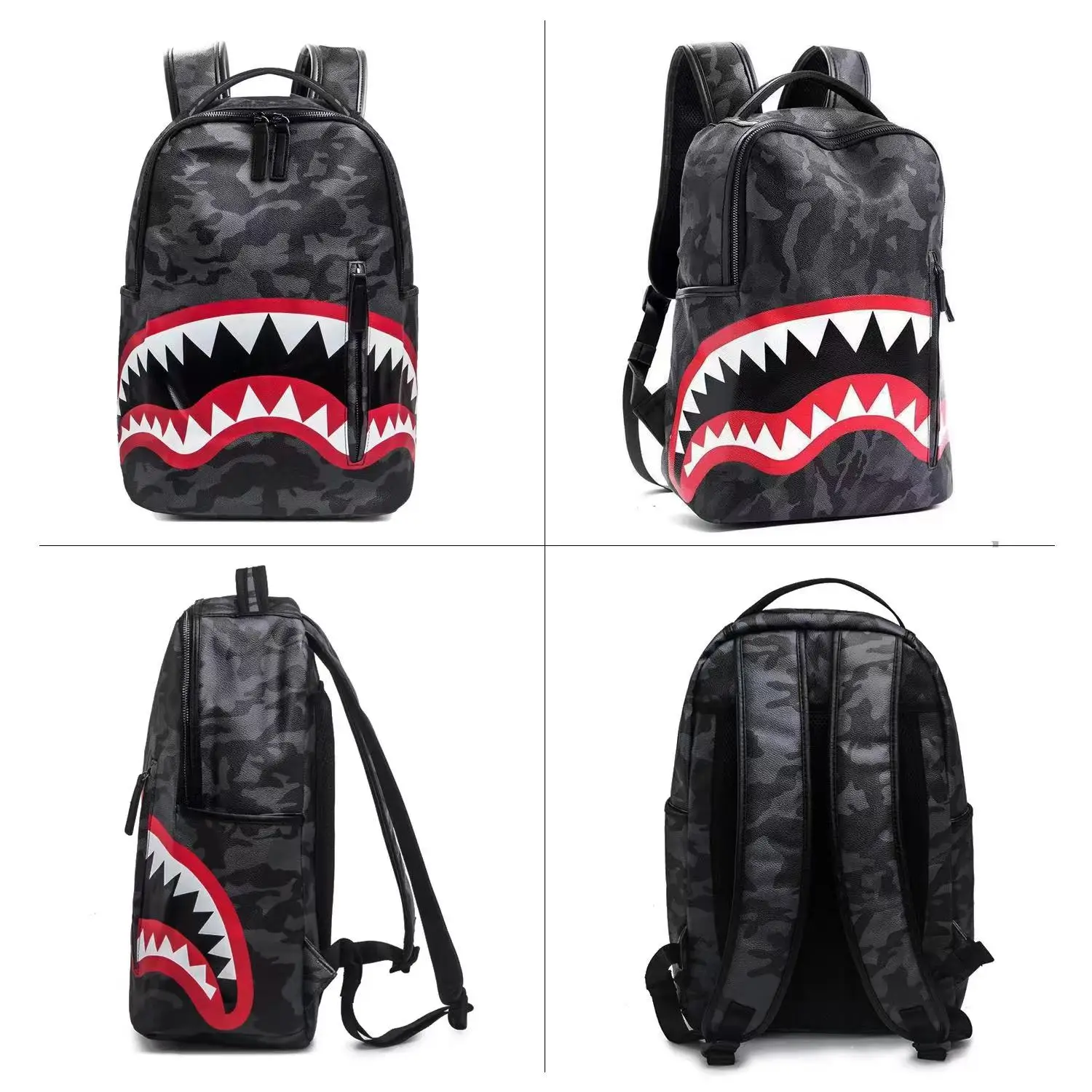 Men Shoulders Bag Fashion Plaid Backpack PU Leather Schoolbag Waterproof Travel-bag Large Streetstyle Shark Bagpack Male Women