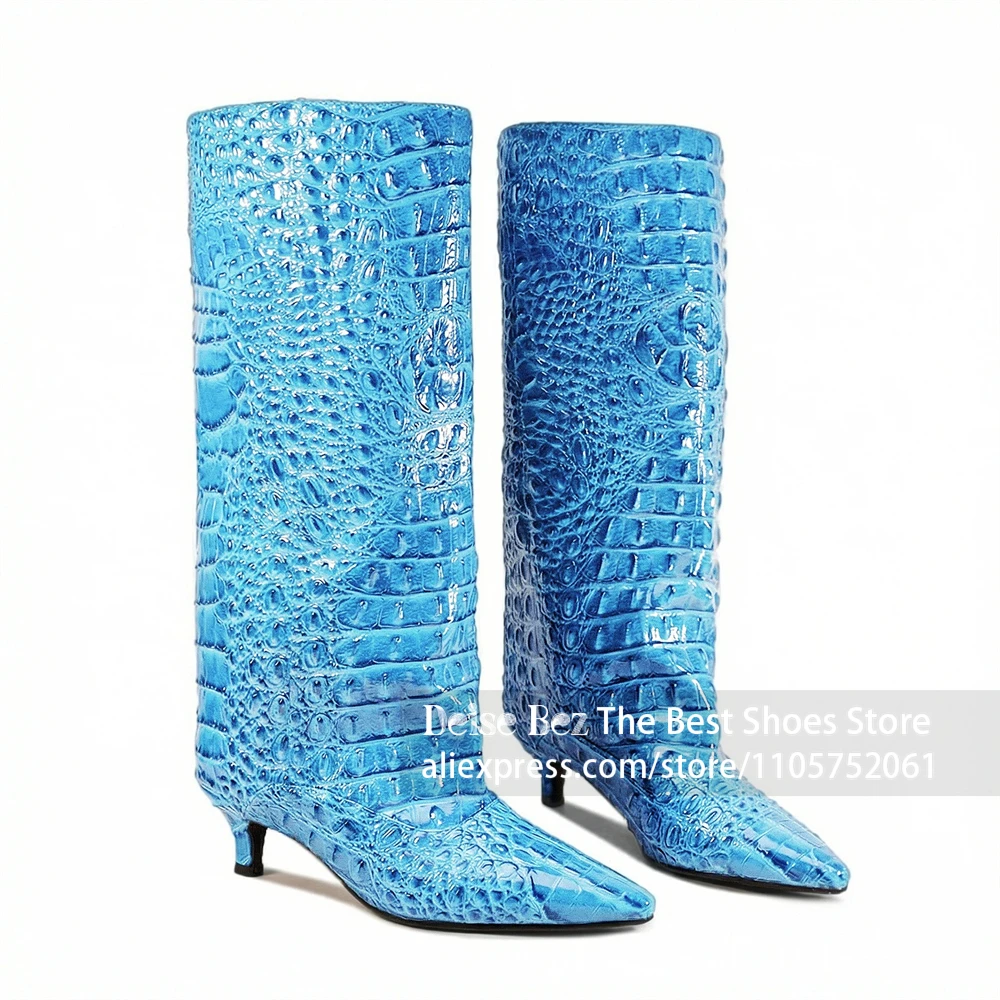 Embossed Pu Leather Knee High Stiletto Boots Pointed Toe Glossy Alligator Pattern Dress Boots Straight Tube Mid Heel Women Boots