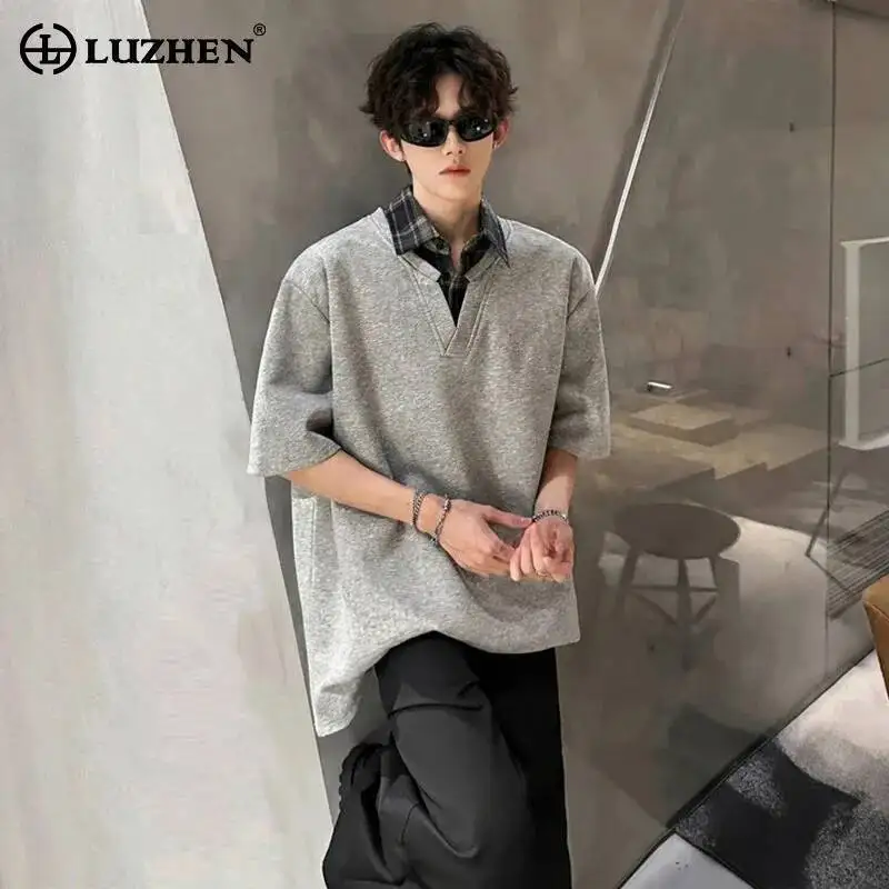 LUZHEN 2026 Summer Fake Two Piece Design Loose Short Sleeve T-shirts Men's Trendy Handsome Lapel Casual Male Tops Clothes JY7442