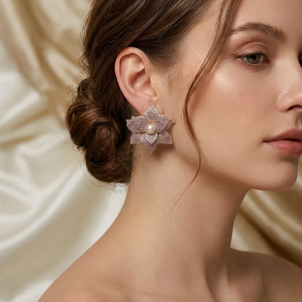 SENYU Jewelry Big Flower Pearl Center Stud Earrings Full Micro Paved Colorful CZ Layered Petal Post Earrings French Chic Jewelry