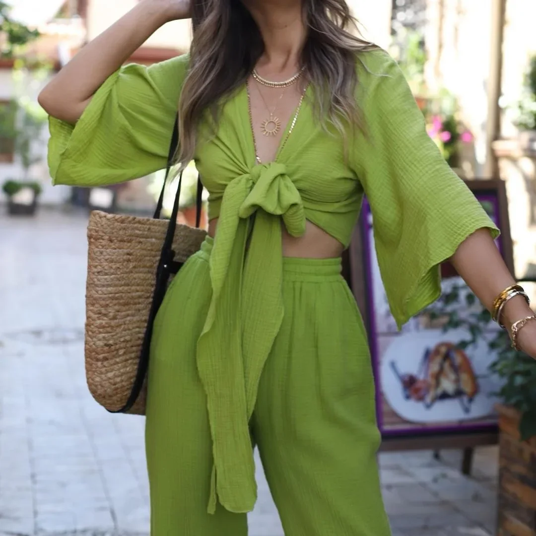 

Women Two Piece Pant Sets Summer Long Sleeve V Neck Lace Up Shirt Elastic Waist Trousers Suits Loose Holiday Sporty Outfits