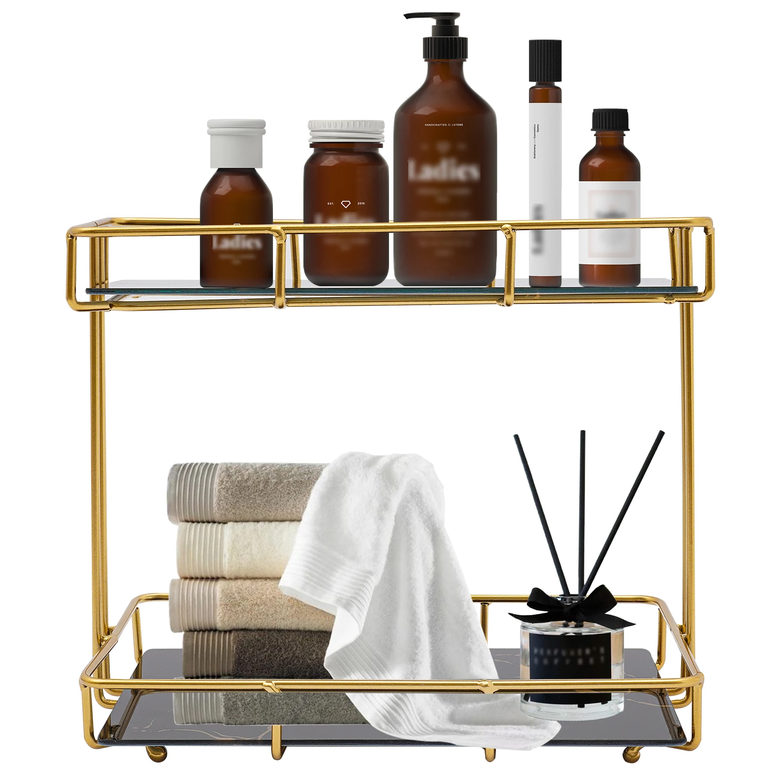 Black, Gold Iron, Glass Bathroom Organizer, Countertop Perfume Organizer, Makeup Organizer