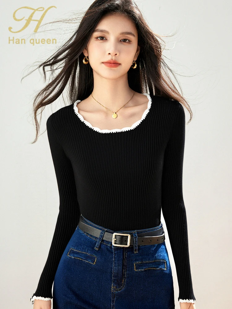 

H Han Queen Autumn Clothing Elastic Pullover Knitted Tops Womens Vintage Simple Long Sleeve Casual Black Simple Basics Sweaters